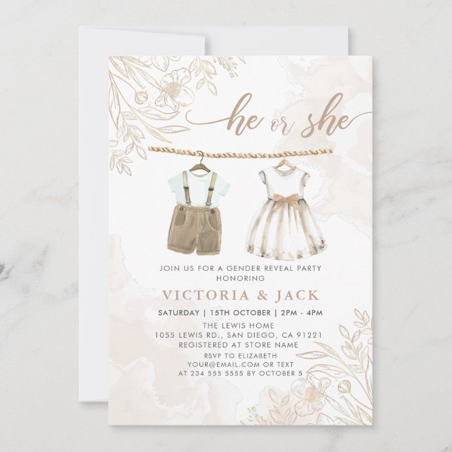 Han eller hon Wildbloms Barnkläder Gender Reveal Inbjudningar (Framsida)