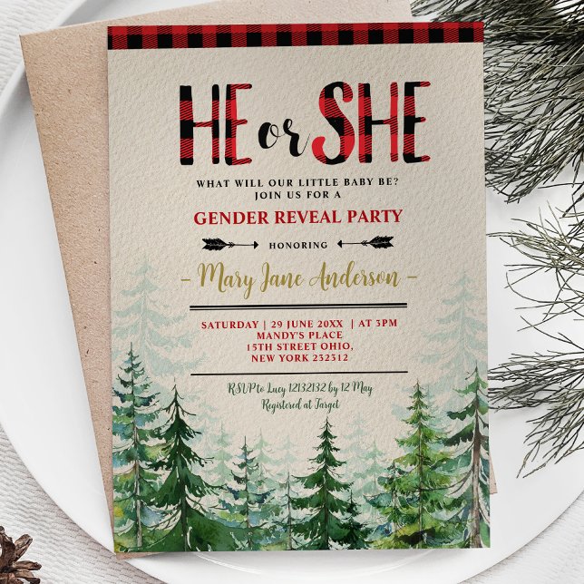 Han eller hon Winter Lumberjack Forest Gender Reve Inbjudningar (Skapare uppladdad)