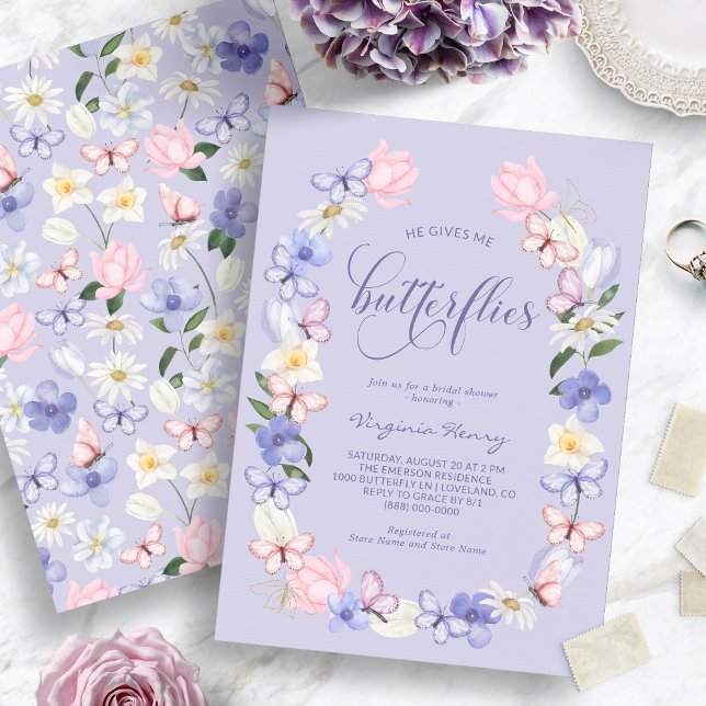 Han Får Mig Att Få Fjärilar Bröllopsdusch Inbjudningar (Pink Butterflies Bridal Shower Invitation
)