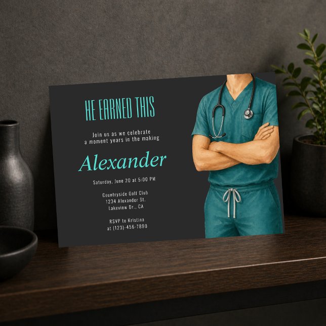 Han förtjänade den här inbjudan till doktorsavslut (He earned this doctor graduation invite, modern teal medical celebration design)