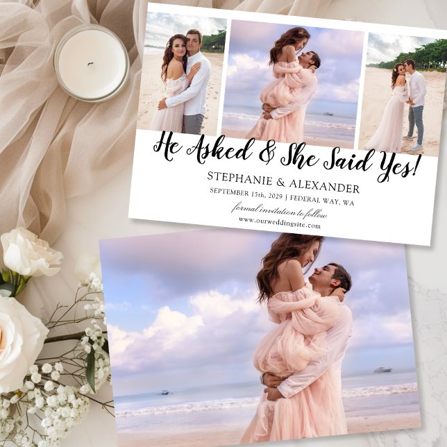 Han Frågade Hon Sa Ja Foto Förlovningsannons Inbjudningar (He Asked She Said Yes Photo Engaged Announcement)