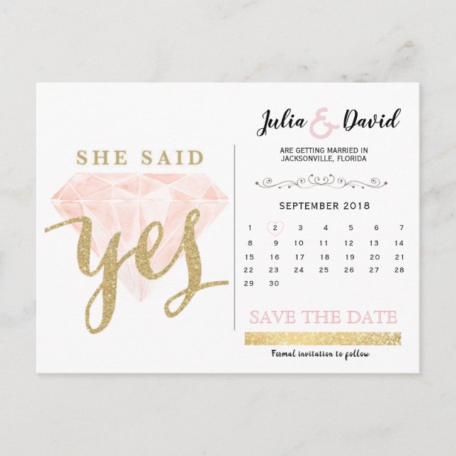 Han frågade: ja, guld gnistra och rosa diamant vykort (Framsida)