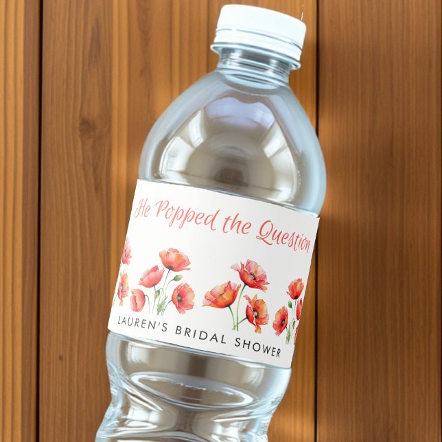 Han Frågade Poppy Flower Bröllopsfest Vattenflaskor Etikett (He Popped the Question Poppy Flower Bridal Shower Water Bottle Label
)
