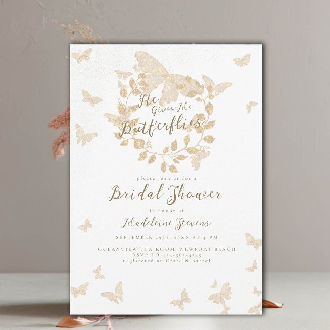 Han Ge Me Butterflies Guld Wandeans Möhippa Inbjudningar (he gives me butterflies gold eucalyptus garden bridal shower invitation romantic elegant boho chic)