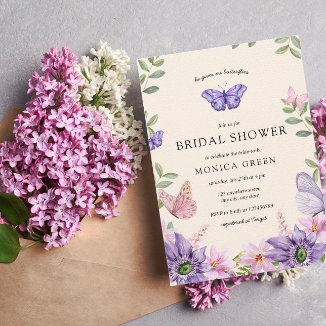 Han ge mig Butterflies Wildblommes Möhippa Inbjudningar (He gives her butterflies Bridal Shower Invitation)