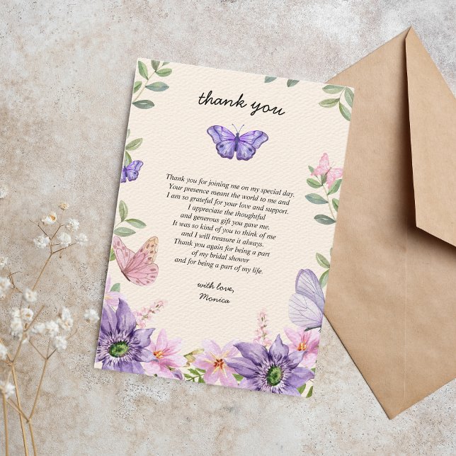 Han ger mig fjärilar Wildflowers Bröllopsdusch Tack Kort (He gives her butterflies bridal shower thank you card)