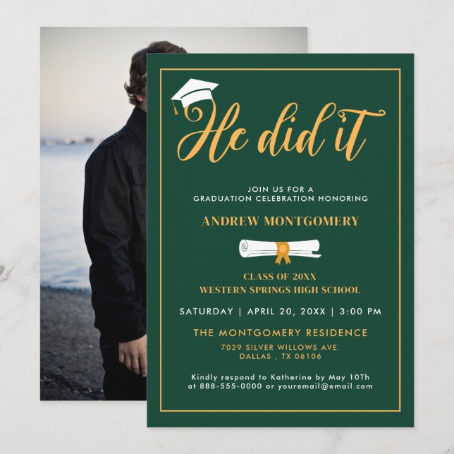 Han gjorde det, Grad Cap Tassel Grönt Studenten Ph Inbjudningar (Fram/baksida)