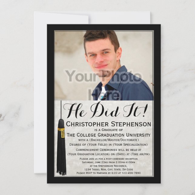 Han gjorde det i Anpassningsbar Foto College Gradu Inbjudningar (Framsida)