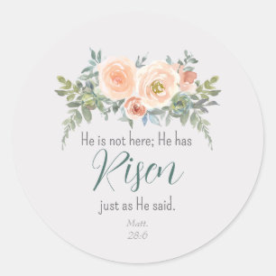 Han har Risen Påsk Blommigt Peach Grönt Watercolor Runt Klistermärke