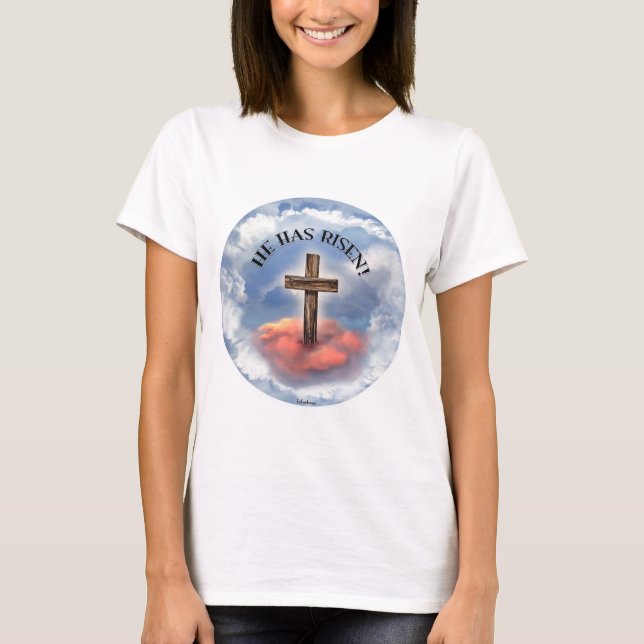 Han har uppstått robusta kors med moln tee shirt (Framsida)