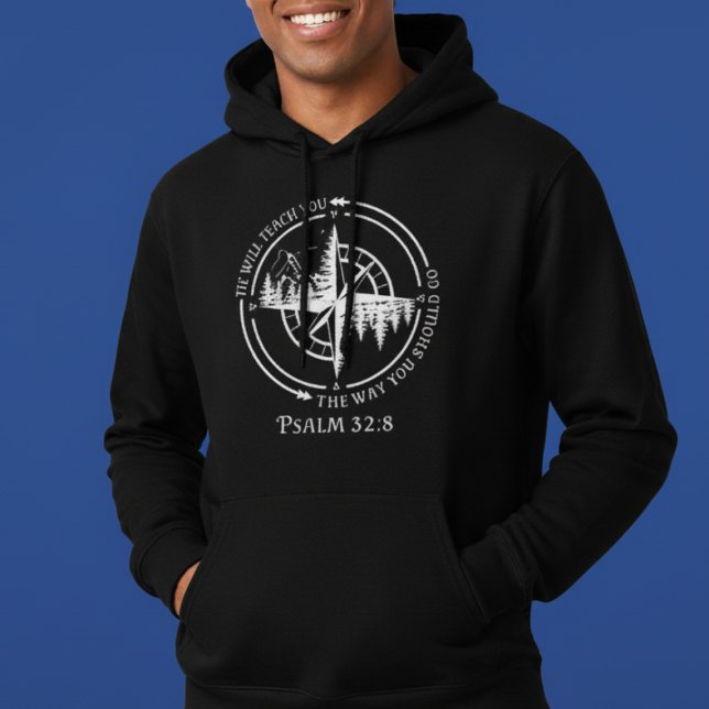 Han kommer att lära dig Psalm 32:8 Kompassberg Hoodie (Psalm 32:8 Hoodie - He Will Teach You. Cozy compass mountain Christian faith wear for believers! )