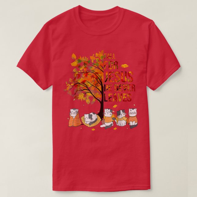 Han Lämnar aldrig höstkatt för Jesus T Shirt (Design framsida)