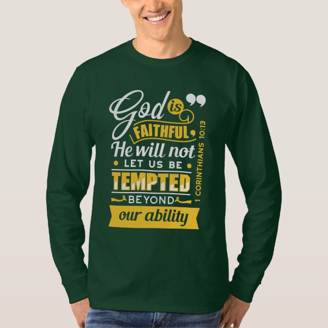 Han låter dig inte frestas – Bibelvers T Shirt (Framsida)