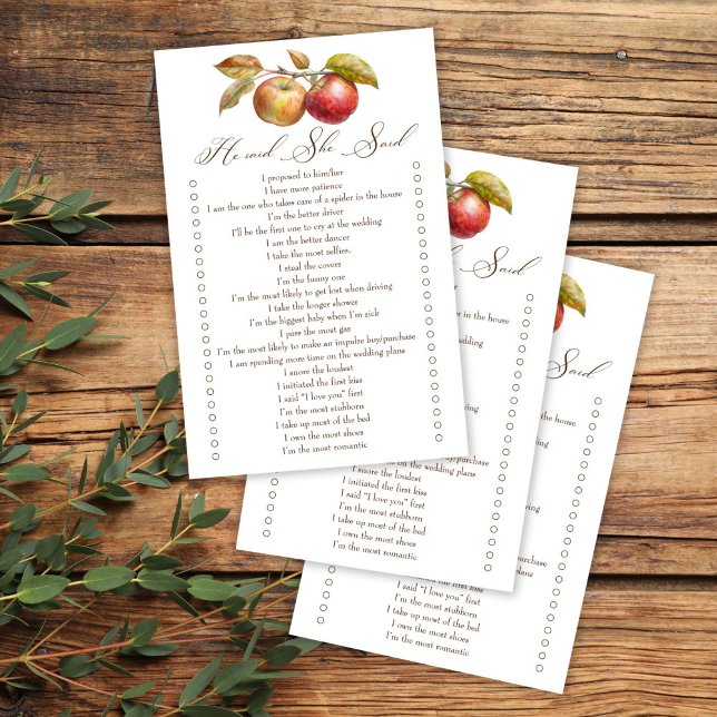 Han sa att hon sa att äppelfall är möhippa (He said she said apple fall bridal shower game cards appley ever after bridal shower games)