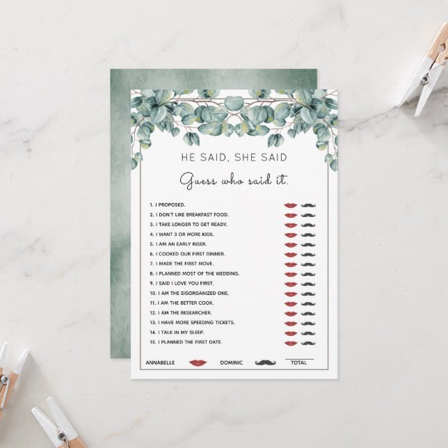 Han sa att hon sa att Eucalyptus Möhippa Game in Inbjudningar (Fram/Back In Situ)