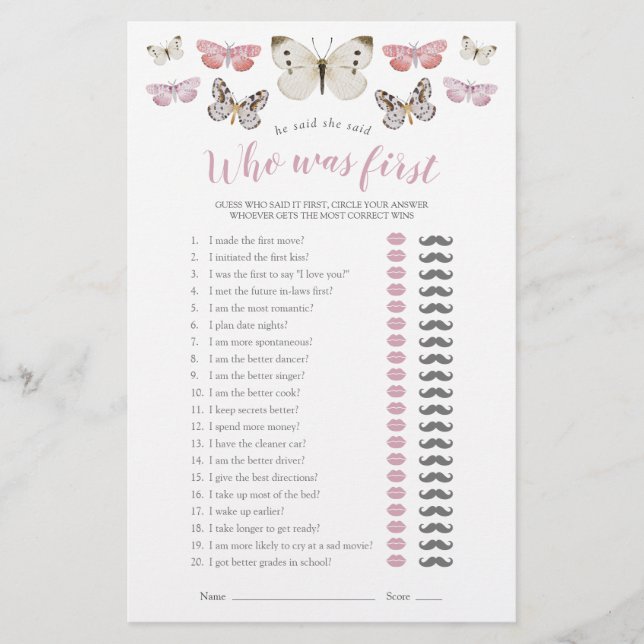 Han sa att hon sa att Rosa Butterflies Shower Game (Framsida)