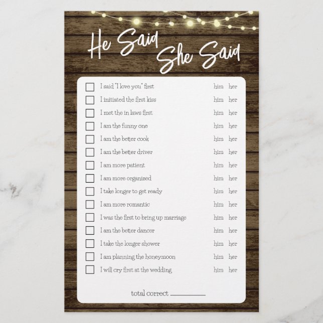 Han sa att hon sa att Rustic Shower Game Flygblad (Framsidan)