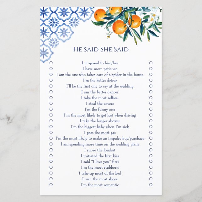 Han sa att hon sa blå talavera citrus bröllopsspel (Framsida)