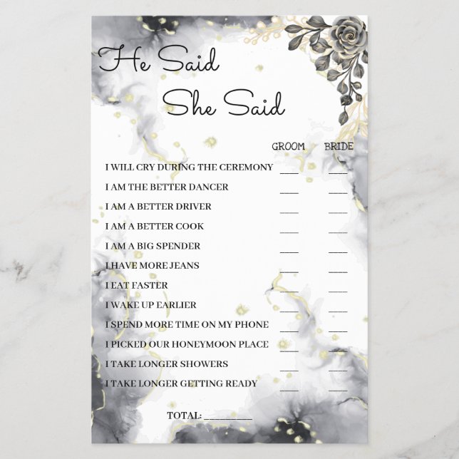 Han sa att hon sa Black Ro BridalShower Game Card Flygblad (Framsidan)