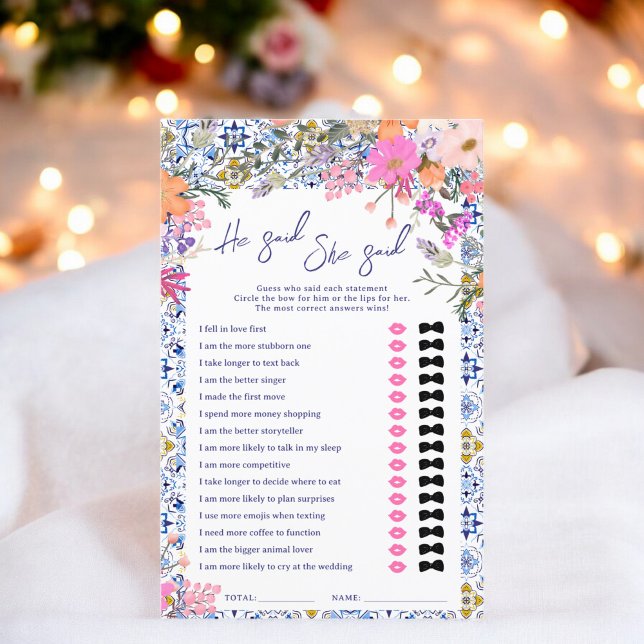 Han sa att hon sa blåkursivt spel för möhippa (He said she said blue italian bridal shower game)