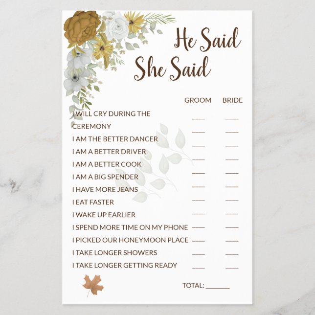 Han sa att hon sa Boho höst bröllopsdusch spel Fl Flygblad (Framsidan)