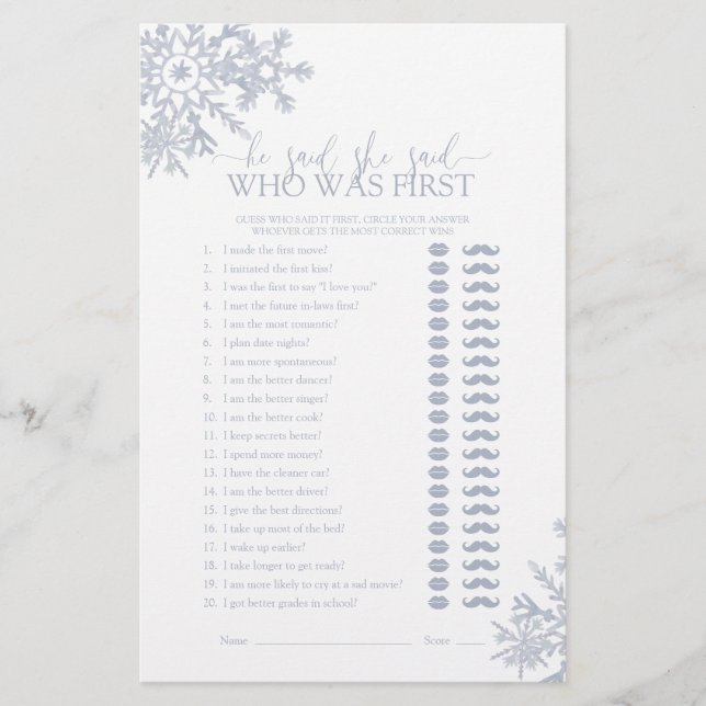 Han sa att hon sa Dusty Blue Snowflake Shower Game (Framsida)