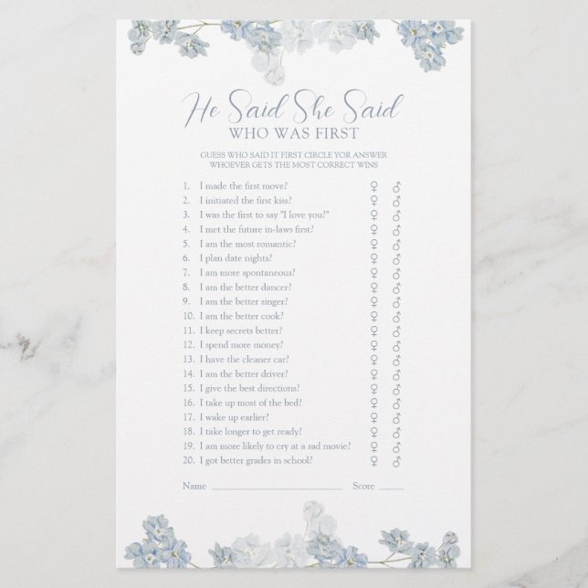 Han sa att hon sa Elegant Dusty Blue Shower Game (Framsida)
