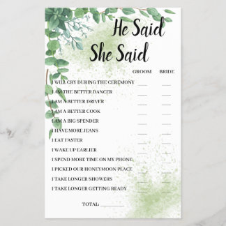 Han sa att hon sa Eucalyptus BridalShower-spelkort Flygblad