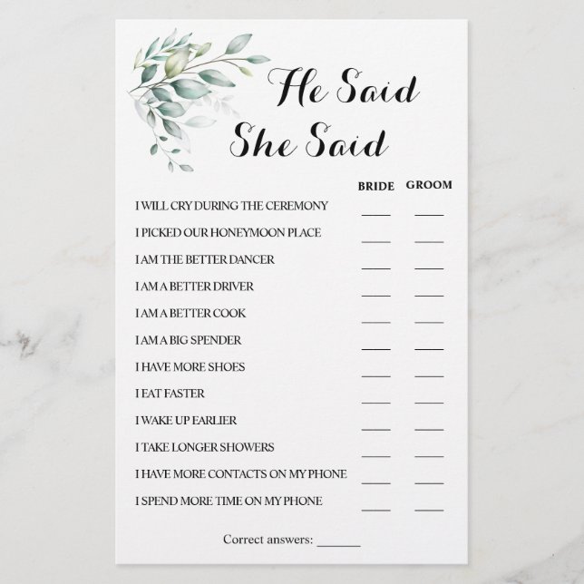 Han sa att hon sa "Eucalyptus CoupleShower Game Ca Flygblad (Framsidan)