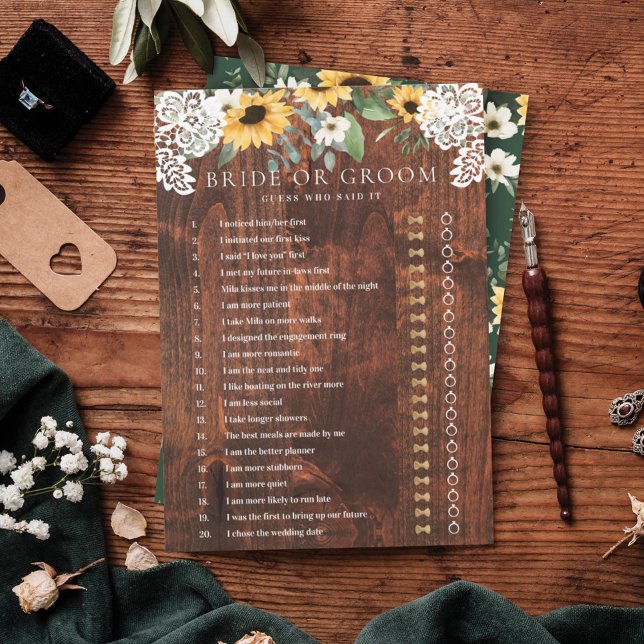 Han sa att hon sa Gult Blommigt Solros Snöre Game Inbjudningar (He Said She Said Yellow Floral Sunflower Lace Game Invitation)