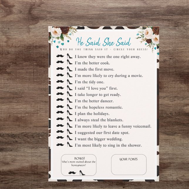 Han sa att hon sa Möhippa boho Game Inbjudningar (He Said, She Said Bridal shower boho Game)