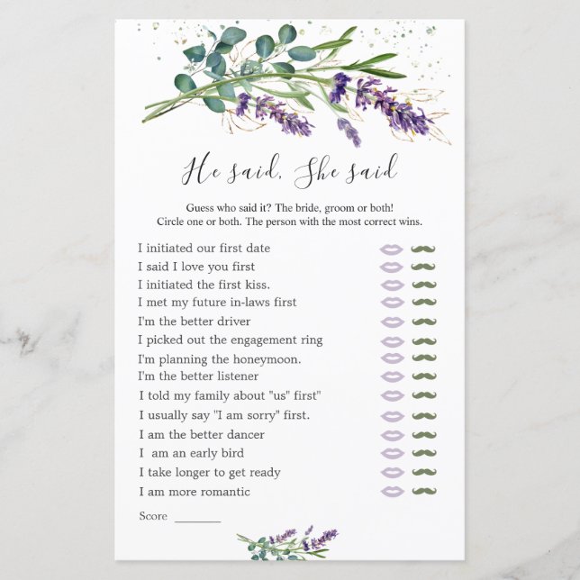 Han sa att hon sa Möhippa Game, Lavender Eucalyptu (Framsida)