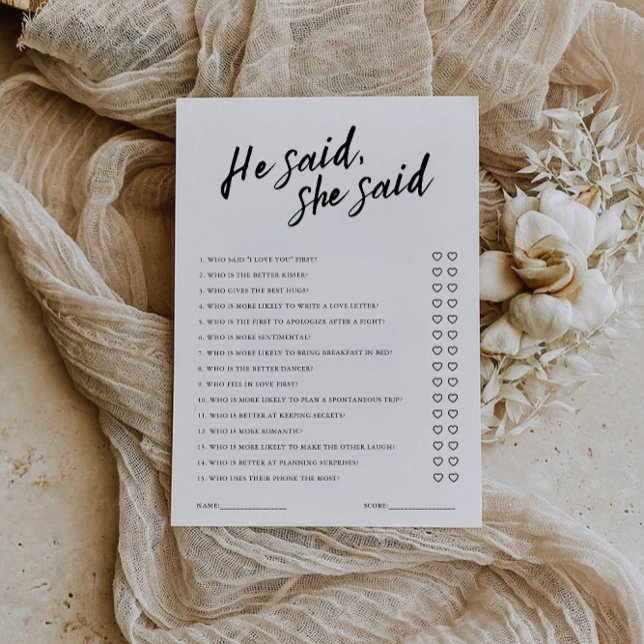 Han sa att hon sa Möhippa Game Template Inbjudningar (He Said She Said Bridal Shower Game Template)