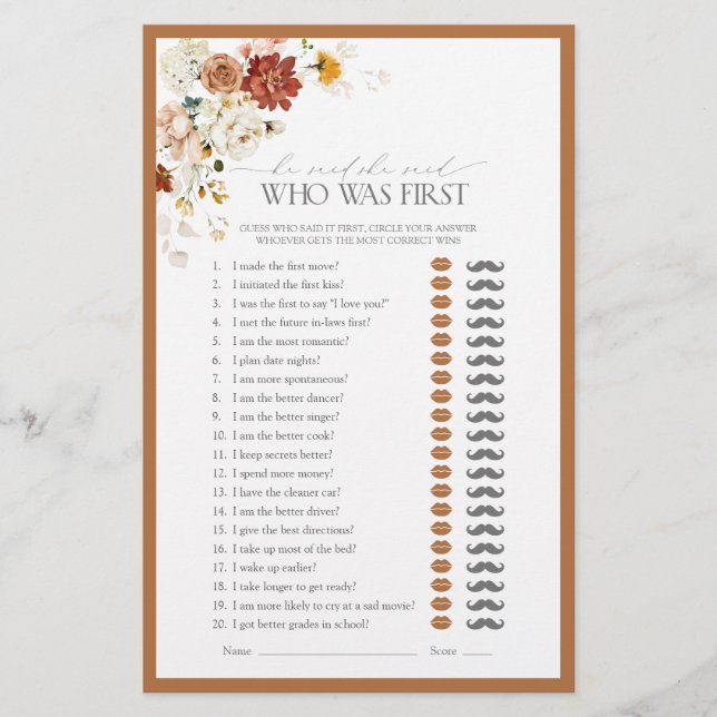 Han sa att hon sa Orange Blommigt Möhippa Game (Framsida)