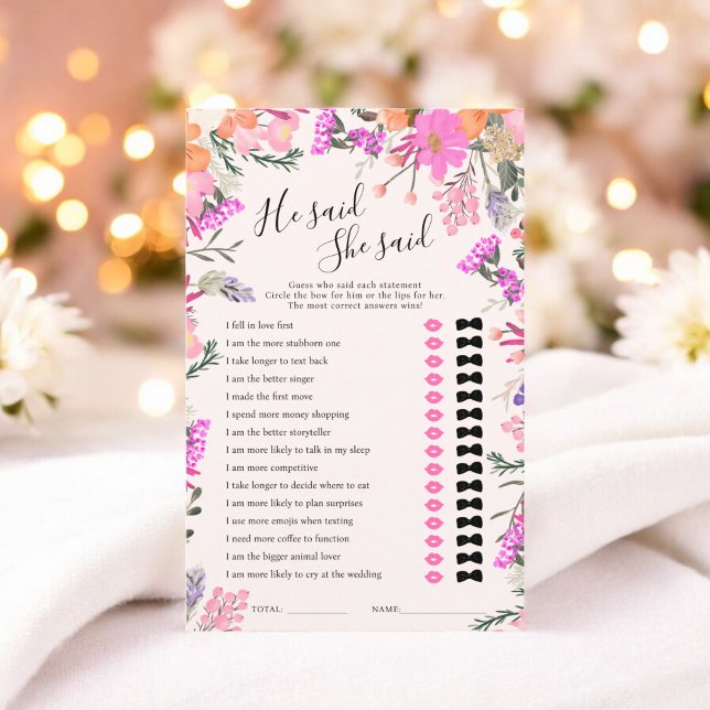 Han sa att hon sa rosa blommig bröllopsdusch spel (He said she said pink floral bridal shower game)