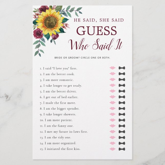 Han sa att hon sa solros Burgundy Möhippa (Framsida)