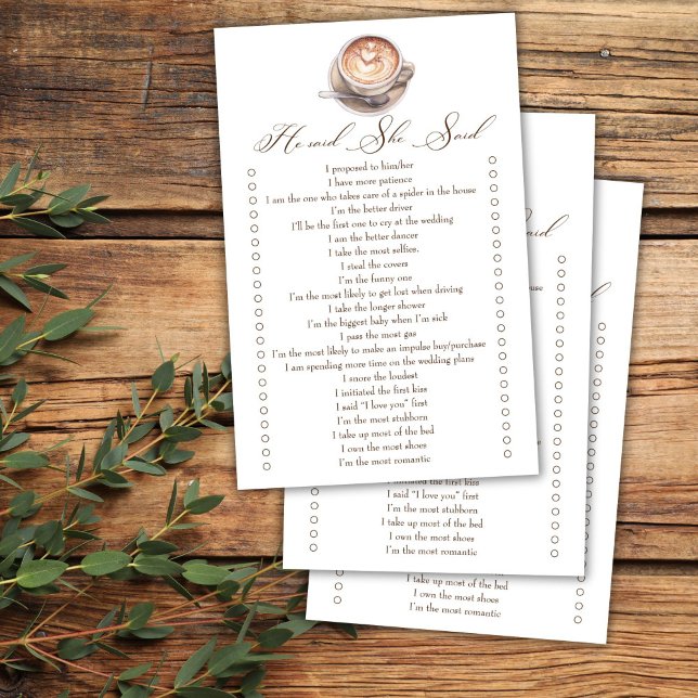 Han sa hon sa kaffe höst bröllopsdusch spel (He said she said love is brewing coffee cappuccino fall bridal shower games)