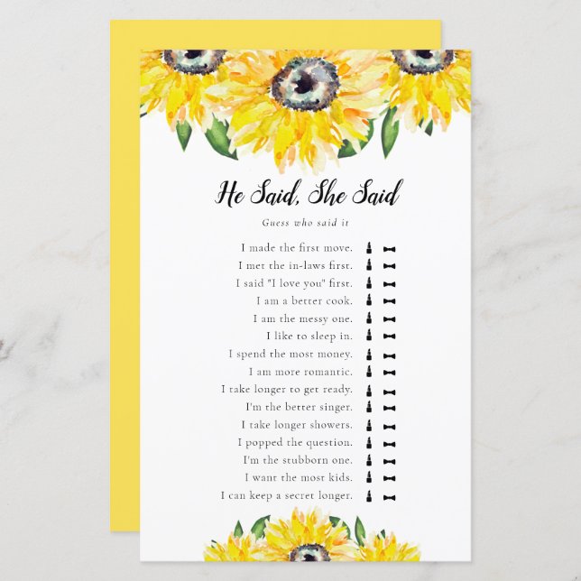 Han sa, hon sa Solros Bröllopsdusch spel  (Fram/baksida)