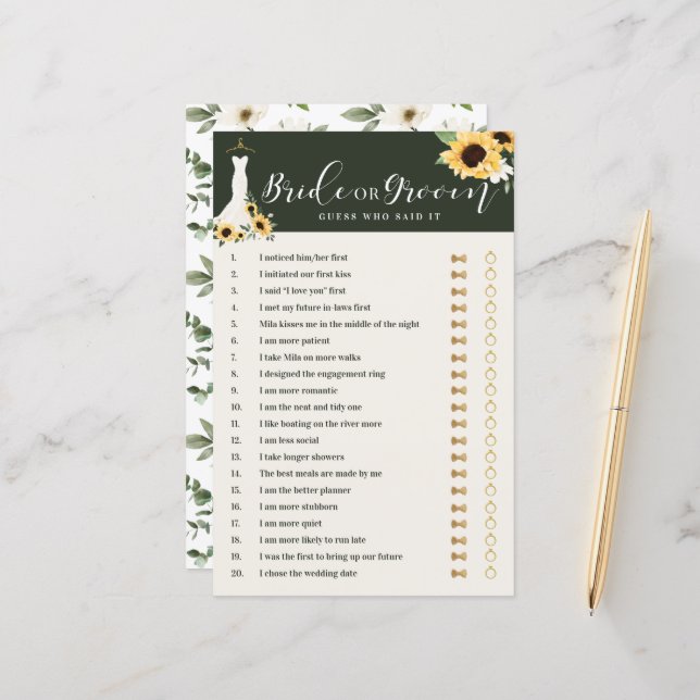 Han sa, hon sa Solrosklänning Bröllopsduschspel (Fram/Back In Situ)