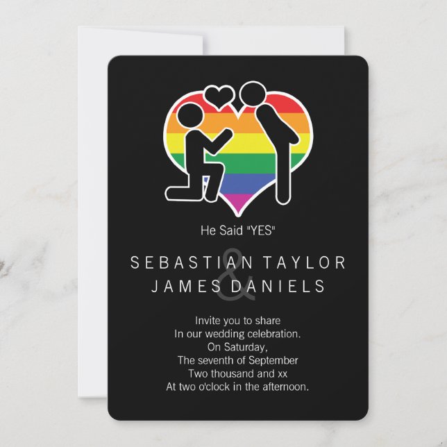 Han sa ja, mr och mr Frieri Gay Bröllop Inbjudningar (Framsida)