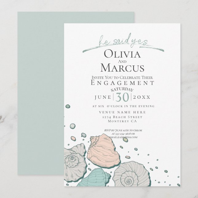 Han sa ja Seashell Förlovning Coral Teal Inbjudningar (Fram/baksida)