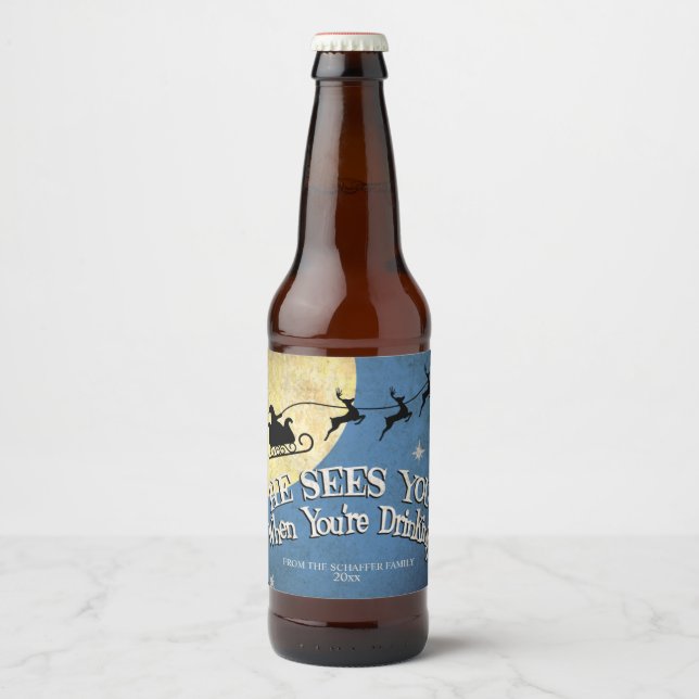 Han ser dig när du dricker, Helgdag Ölflaska Etikett (Framsida)
