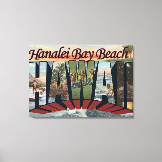 Hanalei Bay Beach, Hawaii - Stora Brev Scenes Canvastryck (Framsida)