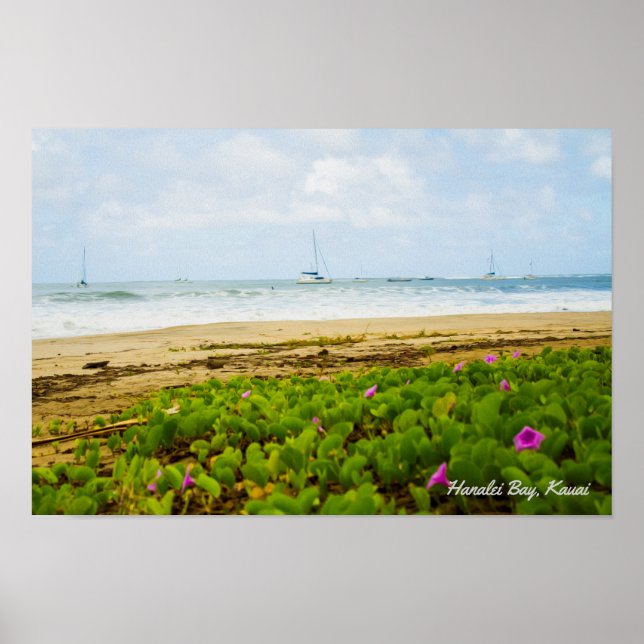 Hanalei Bay ・ Kauai Hawaii ・ Beach & Boats Scene Poster (Framsidan)
