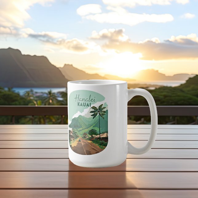 Hanalei Kauai Hawaii Bay Mountains Grönt Kaffemugg (Hanalei, Kauai, in Hawaii mug on a patio tabel in front of sunrise over Hawaiian mountains and ocean)
