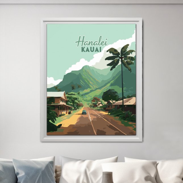 Hanalei Kauai Hawaii Bay Mountains Grönt Poster (Hanalei town on Kauai's North Shore in Hawaii on a retro design poster.)