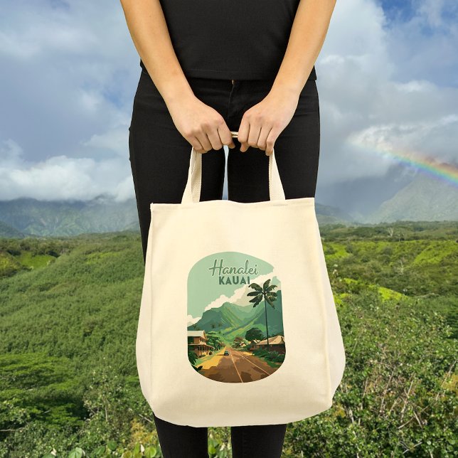 Hanalei Kauai Hawaii Bay Mountains Grönt Tygkasse (Hanalei, on Kauai's North Shore  in Hawaii, depicted on a retro design tote bag, and lush mountains)