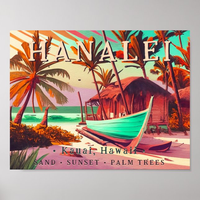 Hanalei Kauai Hawaii tropiska solnedgång handflata Poster (Framsidan)
