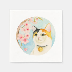 Hanami   Calico Cat och Cherry Blommar Watercolor Pappersservett