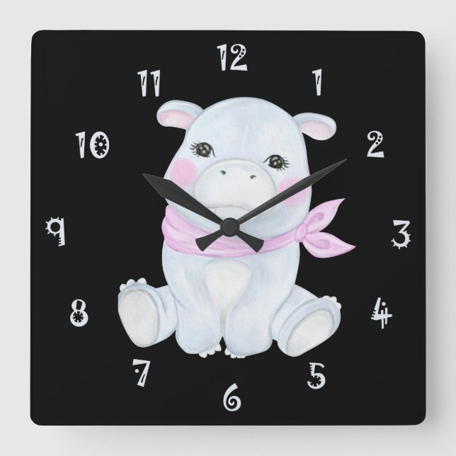 Hancy the Hippo Wall Clock Fyrkantig Klocka (Framsida)